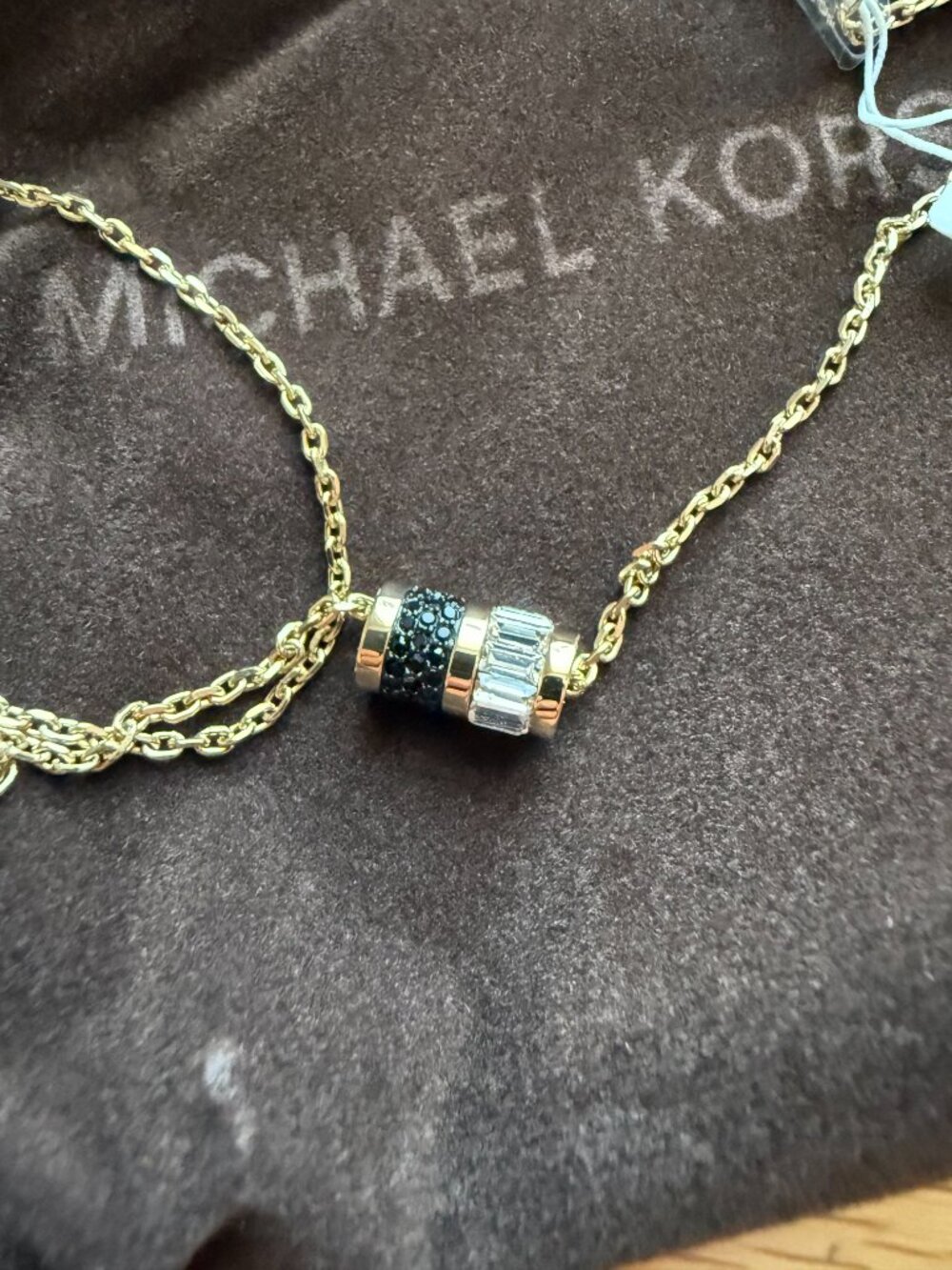 Michael Kors Gold Tone Barrel Pendant Necklace Crystal Pave Baguette NWT Box